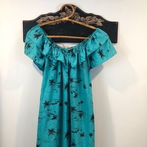 Vintage Hilo Hattie Hawaiian Off Shoulder Teal MuMu Maxi Dress Size Large